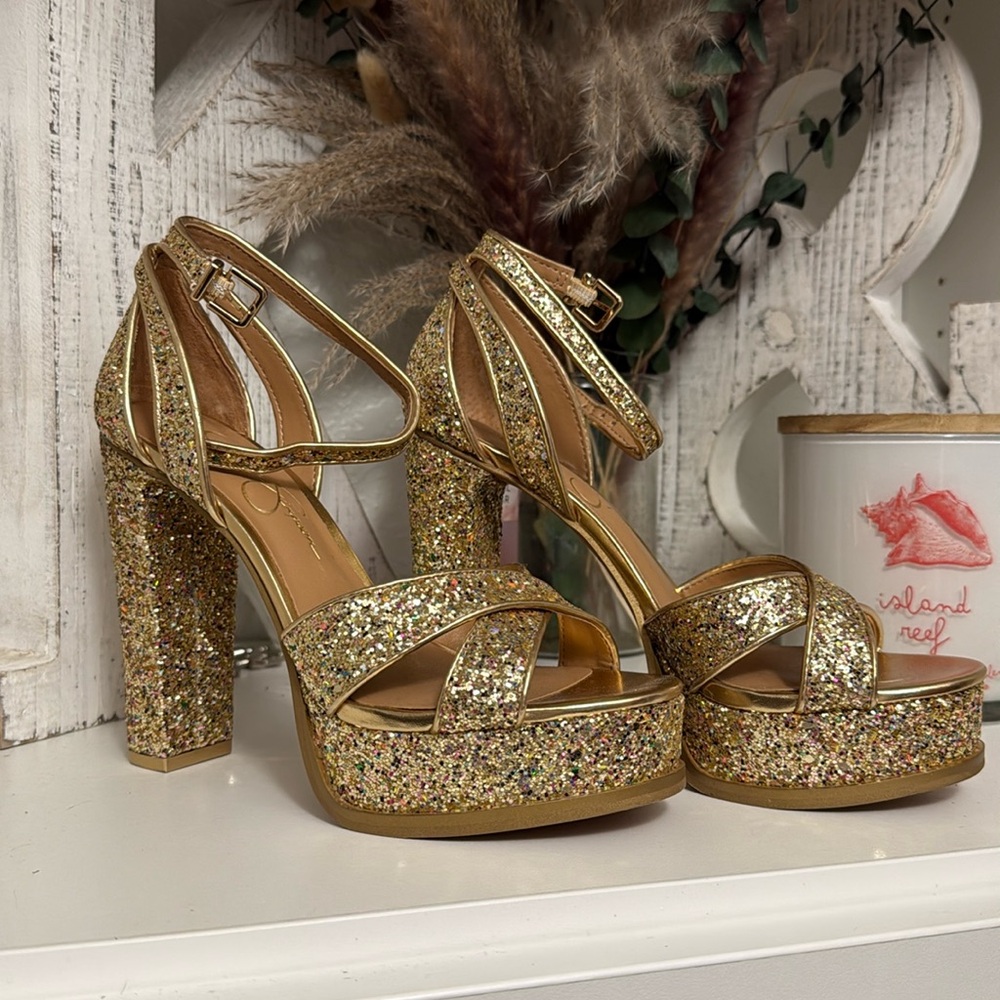 Jessica Simpson gold glitter heels
